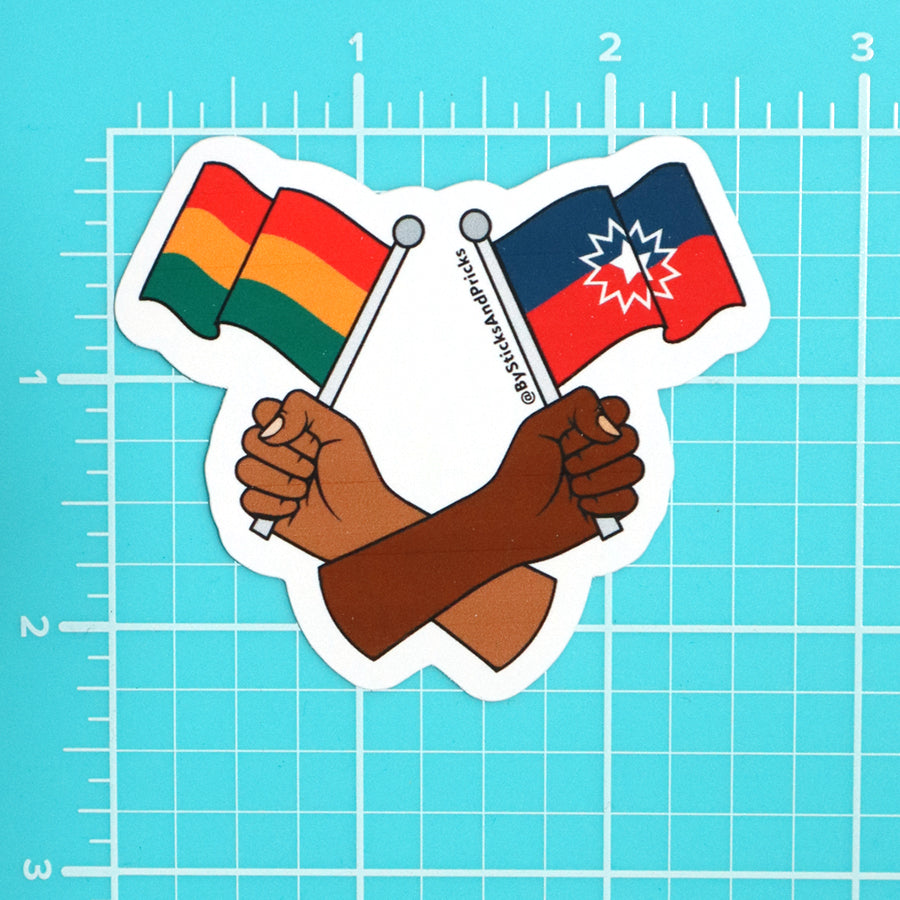 BLACK HISTORY MONTH AND JUNETEENTH HAND HOLDING FLAGS STICKER